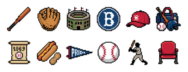 Set of pixel art baseball icons featuring a bat, ball, glove, stadium, and player silhouette in a retro 8-bit video game style for sports-themed design projects