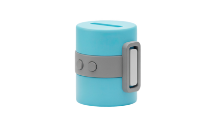 Blue cylindrical piggy bank with grey accents