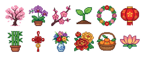 Fototapeta premium Pixel art icon set of various Chinese New Year symbols including a red lantern, lucky knot, bamboo, peony, and a basket of oranges in a retro 8-bit video game style