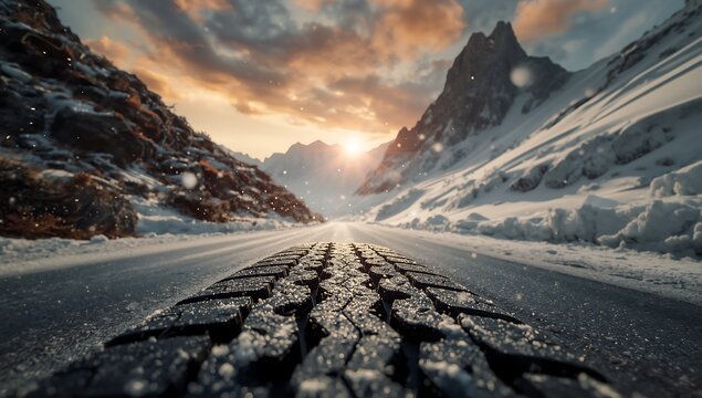 A cracked and snowy road stretches through a mountainous landscape at sunrise or sunset with a cloudy sky
