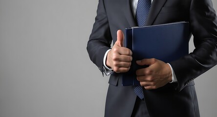 Businessman holding blue folder and thumb up.