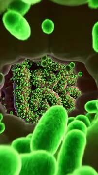 Explore the structure and function of the human digestive system in detail with visuals of intestines and bacteria