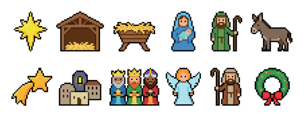 Pixel art nativity scene icon set featuring Mary, Joseph, baby Jesus, wise men, and an angel in a retro 8-bit video game style for Christmas holiday celebration