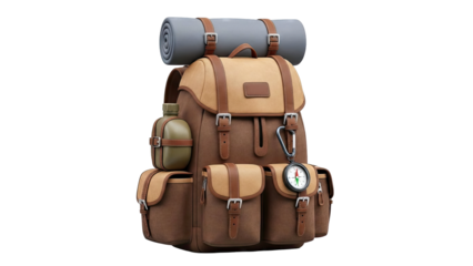 Brown Leather Backpack with Camping Gear
