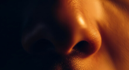Close up of a human nose with dramatic lighting.