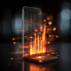 Transparent smartphone screen projecting glowing financial charts into the air, symbolising augmented reality finance tools and mobile investment technology.