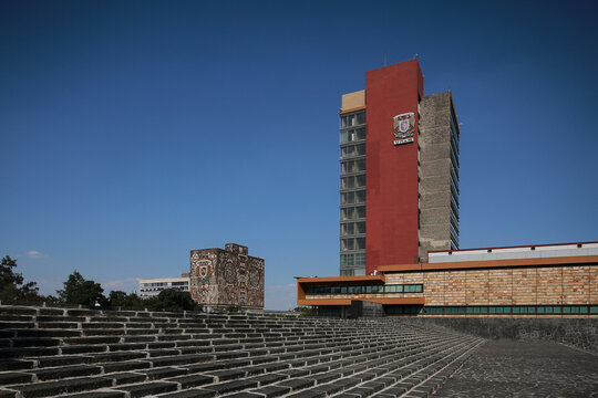 Ciudad de Mexico, Mexico - October 26. 2025: Central Library and Rectory Building of UNAM in Mexico