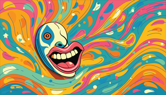 weird whimsical face and smiling mouth with vibrant abstract colorful liquid background, swirling fluid acrylic paint wallpaper,  cartoon vector 
