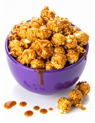 Caramel popcorn filled in pink bowl, on white background