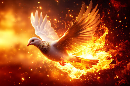 Flying dove with fire symbolizes the Holy Spirit.