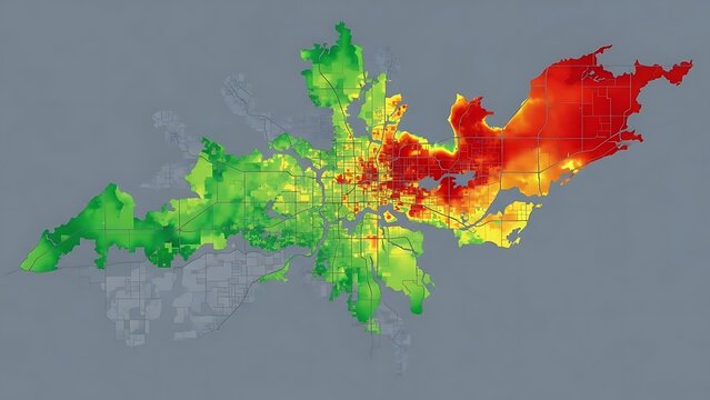 Complex Spatial Data Visualization of Urban Geographic Trends, Displaying Automated Analysis of Varying Metric Distributions Across a City Map with a Dynamic Color Gradient