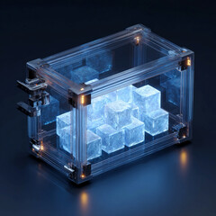 Transparent vault containing glowing blockchain cubes, symbolising secure decentralised finance, digital assets and protected investments.