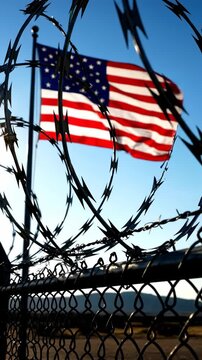 American flag seen through barbed wire at a secure location in the United States during daylight
