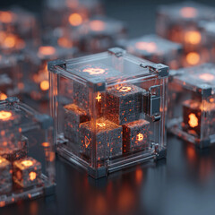 Transparent vault containing glowing blockchain cubes, symbolising secure decentralised finance, digital assets and protected investments.