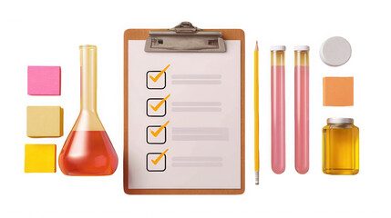 Laboratory equipment and checklist on clipboard for scientific research and experimentation on transparent background. on transparent background