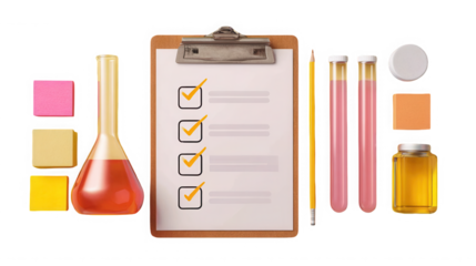 Laboratory equipment and checklist on clipboard for scientific research and experimentation on transparent background. on transparent background