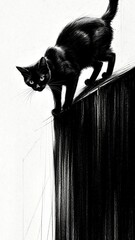 Black and white drawing of a black cat cautiously standing on the edge of a high surface with intense eyes looking forward