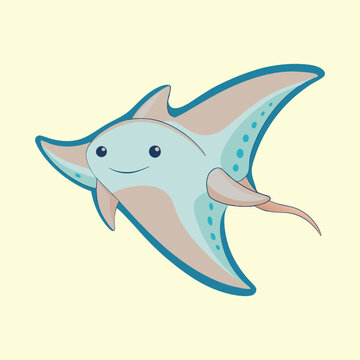 Cute cartoon stingray with a friendly face swimming in the sea