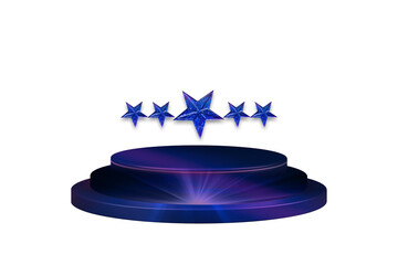 3d rendered illustration of blue podium with stars. Glowing star elements on podium and glitter light effects. Blue colour 5 star on a tiered podium isolated on transparent background.
