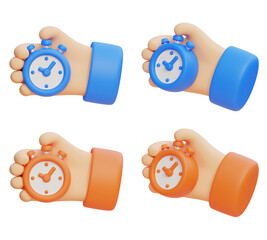 3D hand holding a cute cartoon stopwatch timer