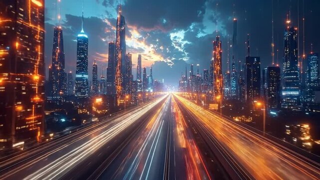 Futuristic Cityscape - A Dynamic View of Urban Life and Transportation.