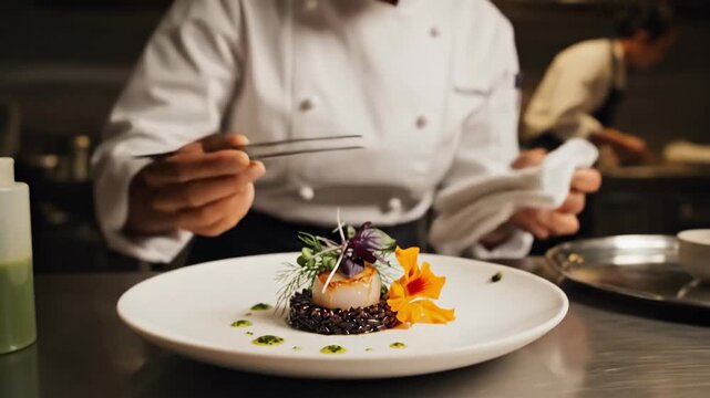 Chef plating gourmet dish artistic food presentation fine dining restaurant