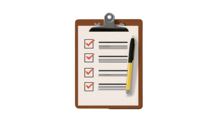 Checklist on clipboard with completed tasks and pen resting on it indicating task completion and organization on transparent background. on transparent background