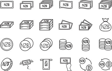 ニュージーランドドル通貨のお金の黒の線画アイコンセット