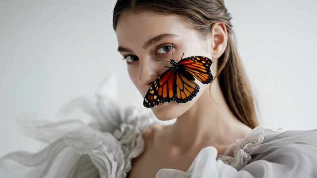 Graceful woman with a monarch butterfly perched on her face in a soft light studio portrait