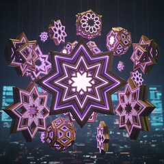 Illuminated geometric star ornaments suspended against a city skyline at night