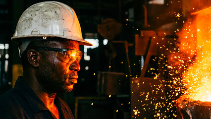 Dedicated foundry worker wearing safety helmet and protective goggles intently observes molten metal casting process with bright sparks illuminating the intense industrial environment.