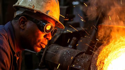Focused foundry worker wearing protective hard hat and welding goggles intently observes the intense, glowing molten metal during a high-heat industrial casting process operation.