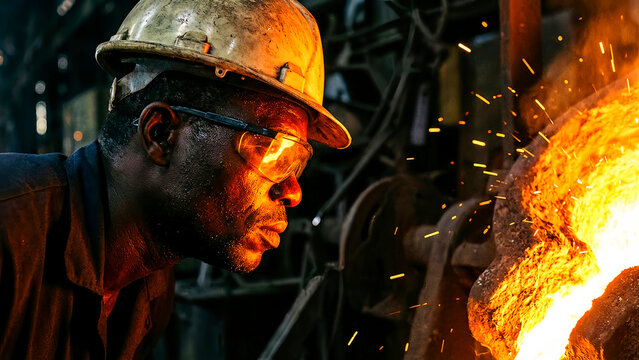 Dedicated foundry worker closely monitors the intense, incandescent glow of molten metal during a high-temperature casting process in a heavy industrial setting