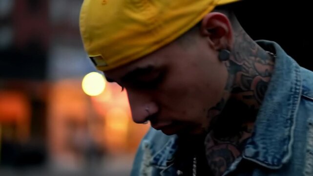 A close-up portrait of a man wearing a yellow baseball cap backwards and a denim jacket, with visible neck tattoos, looking down
