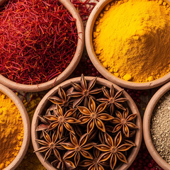 Aromatic spices arrayed in clay bowls for culinary use