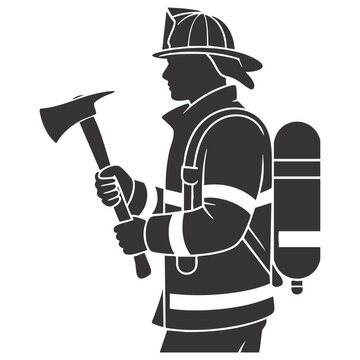 Firefighter in full protective gear with SCBA tank and rescue axe, depicted as a strong black silhouette.
