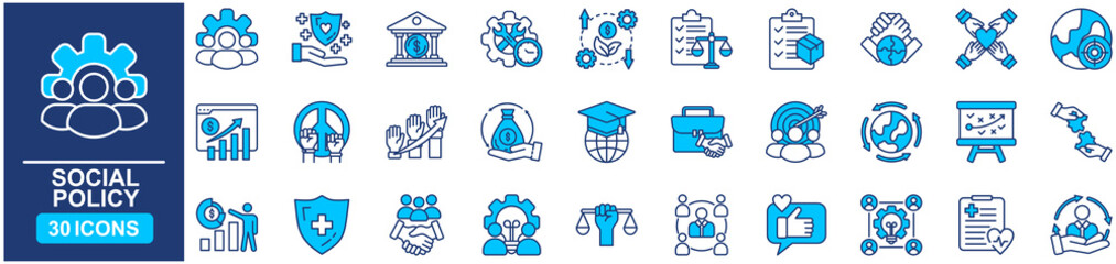 Social policy Web Icon Set in Blue style Flat. vector illustration concept relate to team, business, people, work, teamwork, person, hr, line, vector, group