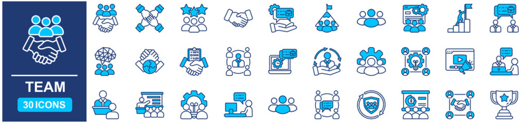 Team Web Icon Set in Blue style Flat. vector illustration concept relate to team, business, people, work, teamwork, person, hr, line, vector, group, set, support, outline