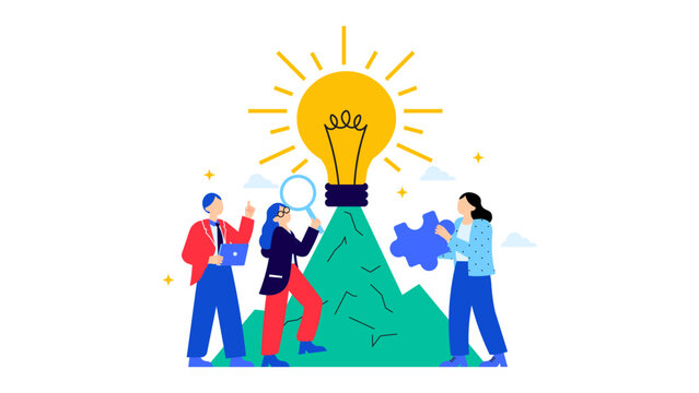 A diverse group of professionals gathers around a glowing lightbulb perched on a mountain, symbolizing teamwork, creativity, and collective problem solving for future success