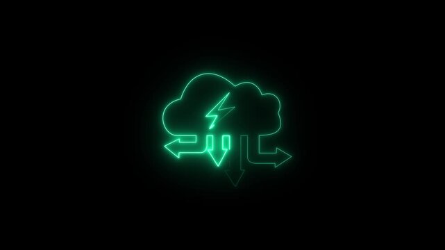 Neon digital cloud icon, data transfer animation. Glowing neon cloud storage with arrows, looped animation. Cloud downloading icon is represented by arrow.