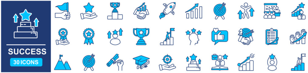 Success set of web icons in Blue style Flat. vector illustration concept relate to purpose, target, goal, competition, strategy, man, hand, symbol, quality 