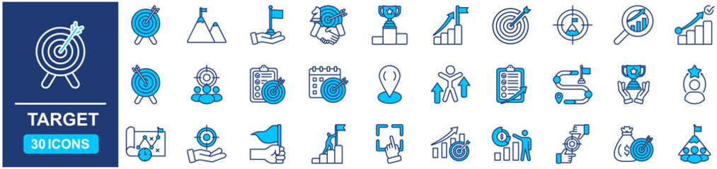 Target set of web icons in Blue style Flat. vector illustration concept relate to sight, line, isolated, financial, businessman, shoot, shot, icon, target, sharpened, mission, scope, person, set, achi