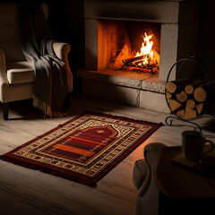 Cozy living room scene with a prayer rug and fireplace