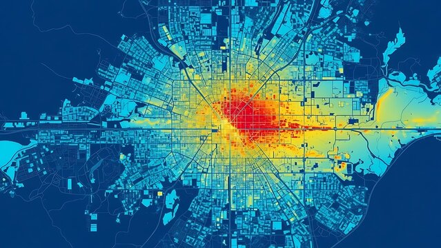 Dynamic digital heatmap visualizing data concentration and activity across a modern city grid, showcasing urban density patterns and statistical insights - Powered by Adobe