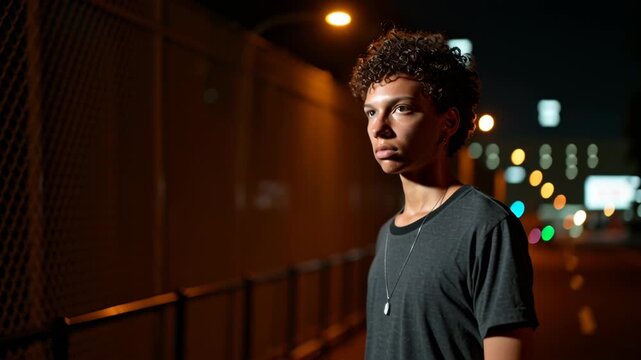 Young person stands confidently in an urban setting at night. City lights create a warm glow while capturing their thoughtful expression. The location feels alive with energy