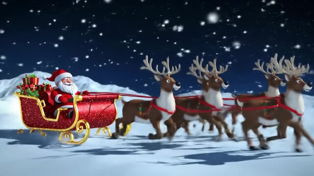A festive scene of Santa Claus riding in a red sleigh pulled by three reindeer through a snowy night sky