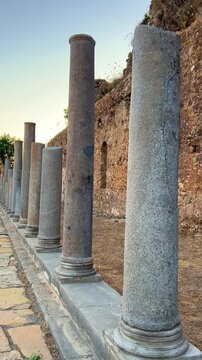 Ruins of the ancient Roman port city of Siedra in Alanya, Antalya, Turkey. The street and ruins of the ancient abandoned ancient city of Siedra on the Mediterranean coast. 4К