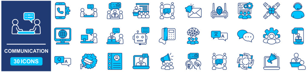Communication set of web icons in Blue style Flat. vector illustration concept relate to contact, support, person, thin, team, call, message, human, teamwork