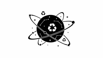 Abstract illustration of a planet with orbiting rings, featuring a recycling symbol and stars, symbolizing eco-friendly science and innovation.