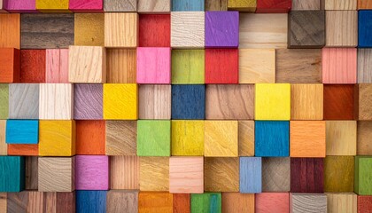Colorful wooden cubes in tight grid pattern, forming a vibrant mosaic of texture and geometry.